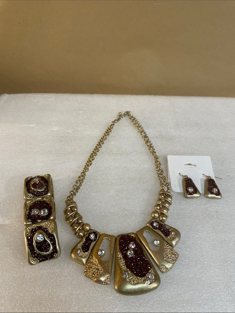 Gold-Tone Brown Glitter Statement Necklace Set with Earrings - Women's Jewelry
